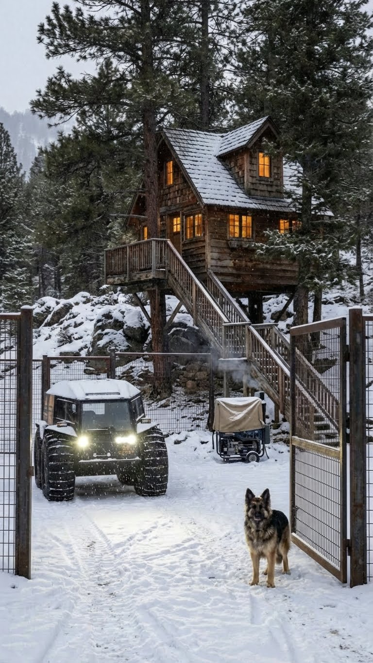 Treehouse Exterior in a Winter Forest