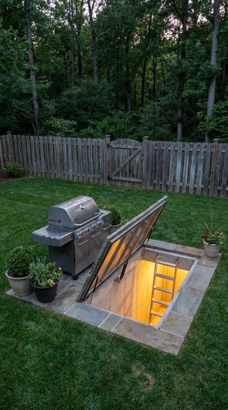 Concealed Backyard Shelter with Integrated Surface Camouflage