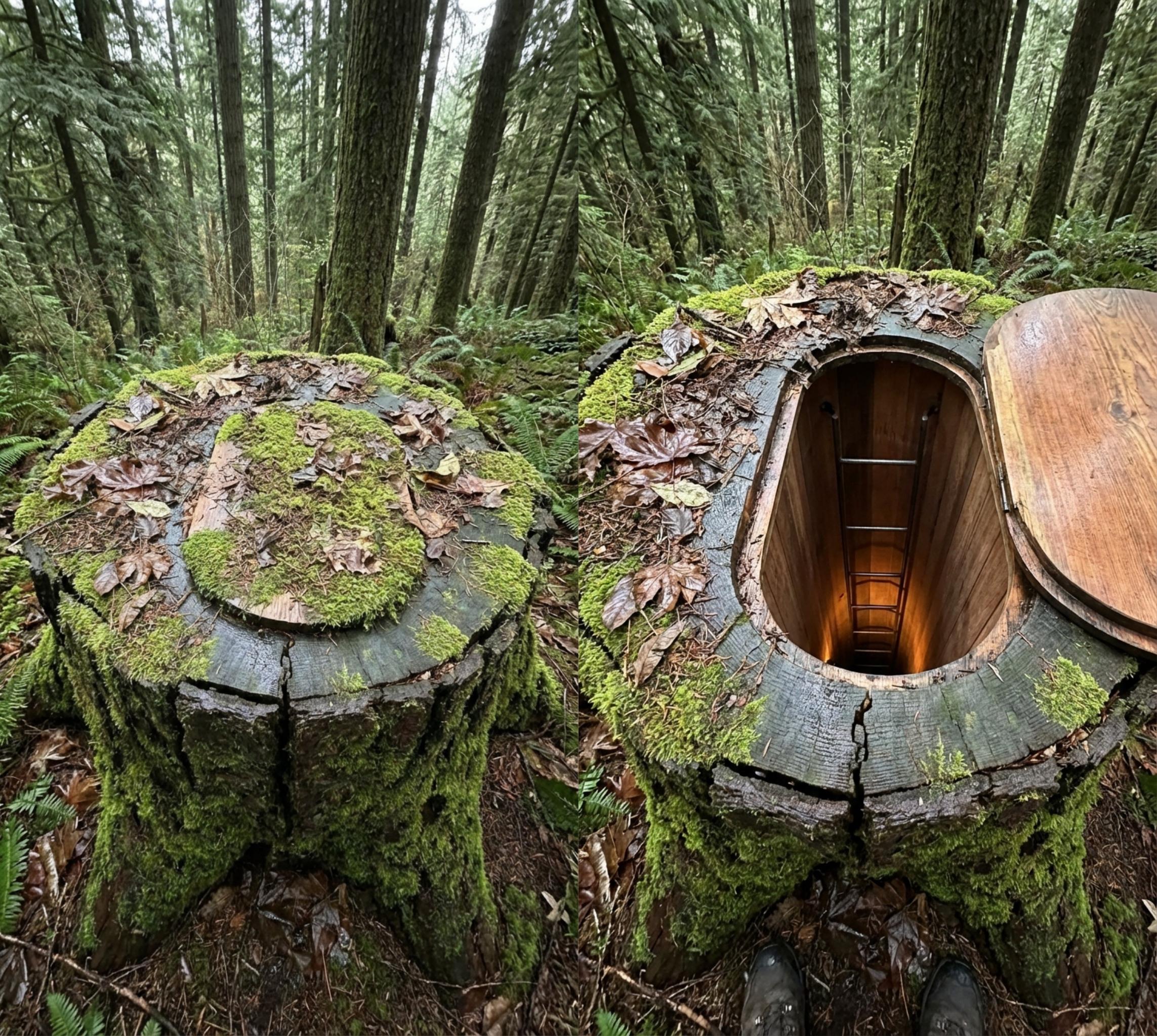 Hidden Underground Bunker Entrance Disguised as a Tree Stump