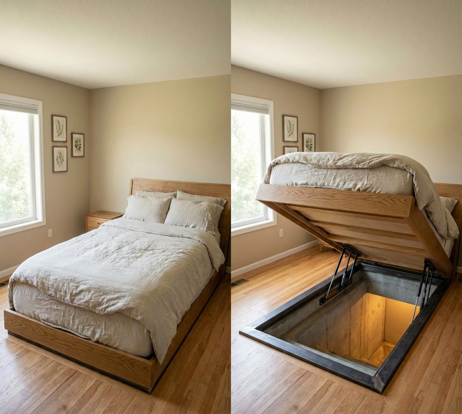 Hidden Concrete Shelter Beneath the House with Lift-Up Floor Hatch