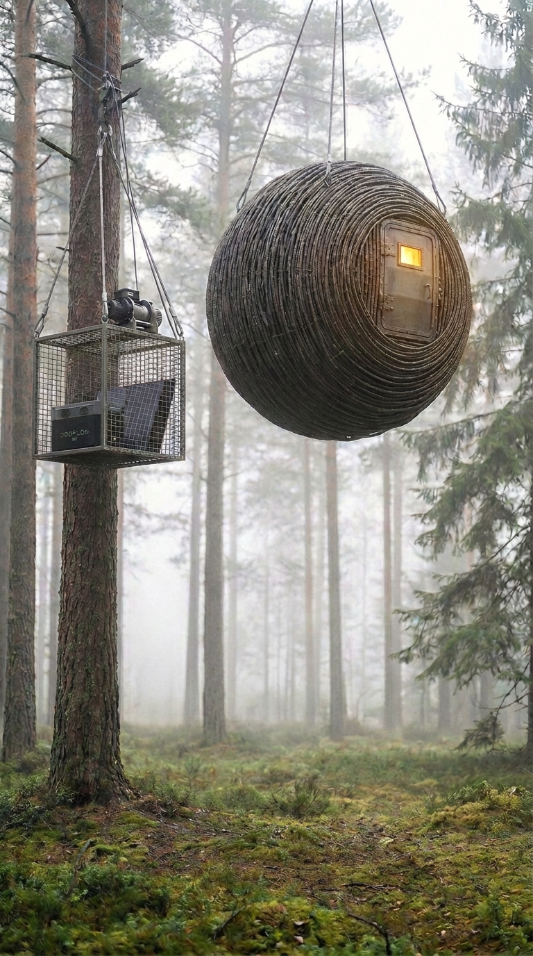 Reinforced Steel Suspension Cabin: A Forest Shelter Built from Armature Structure