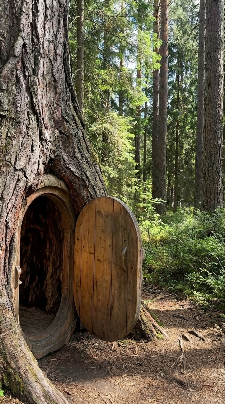 Hidden Tree Trunk Shelter: A Secret Woodland Refuge Built into Nature