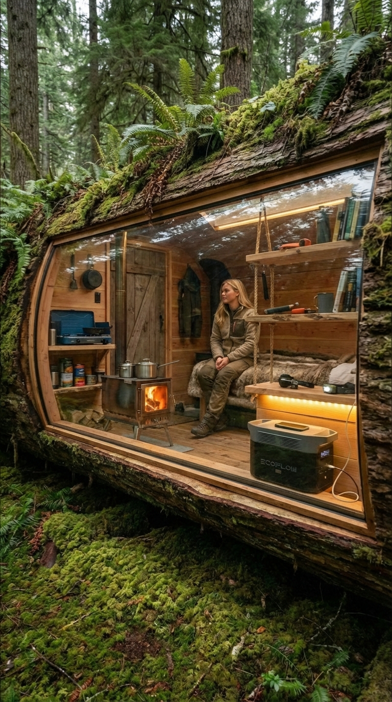 Hidden Log Cabin Home Built Inside a Fallen Tree
