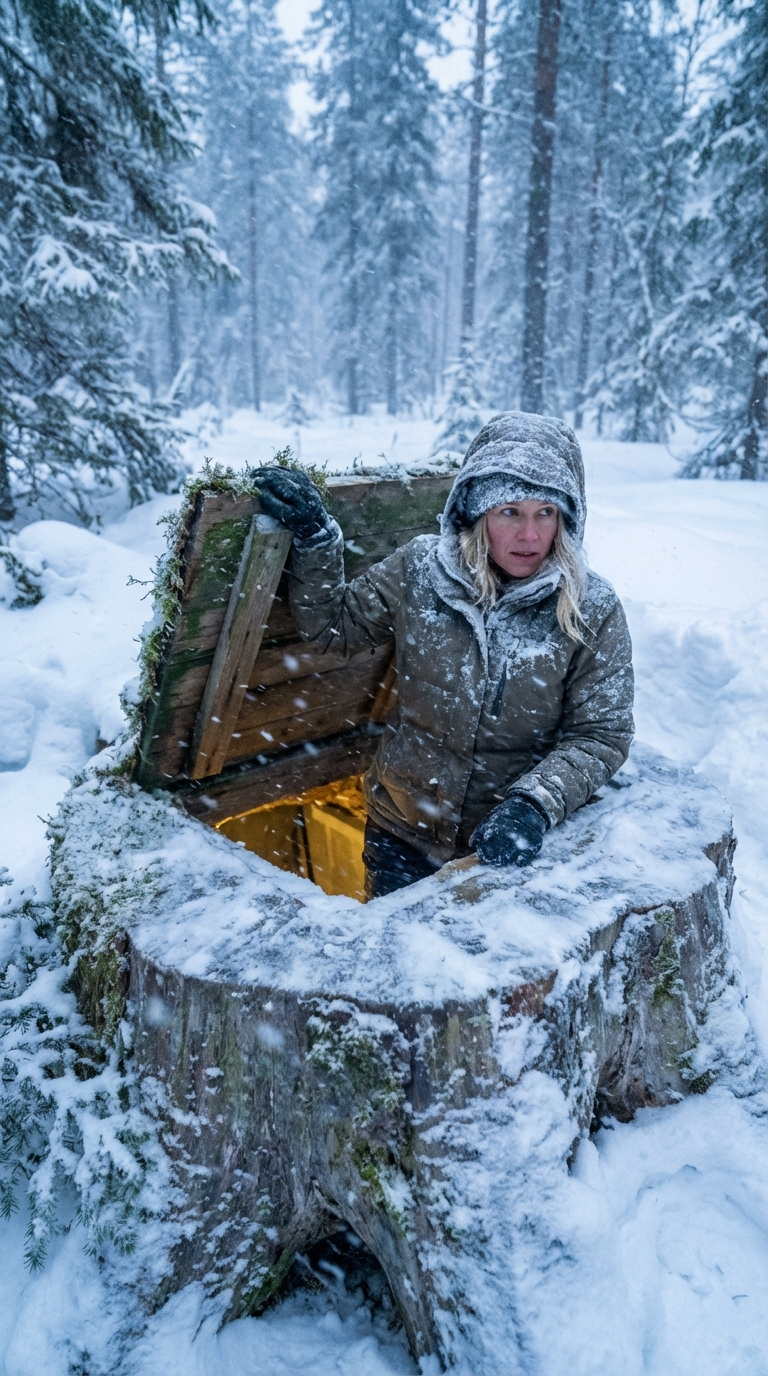 Hidden Winter Tree Stump Bunker Entrance in the Snowy Forest