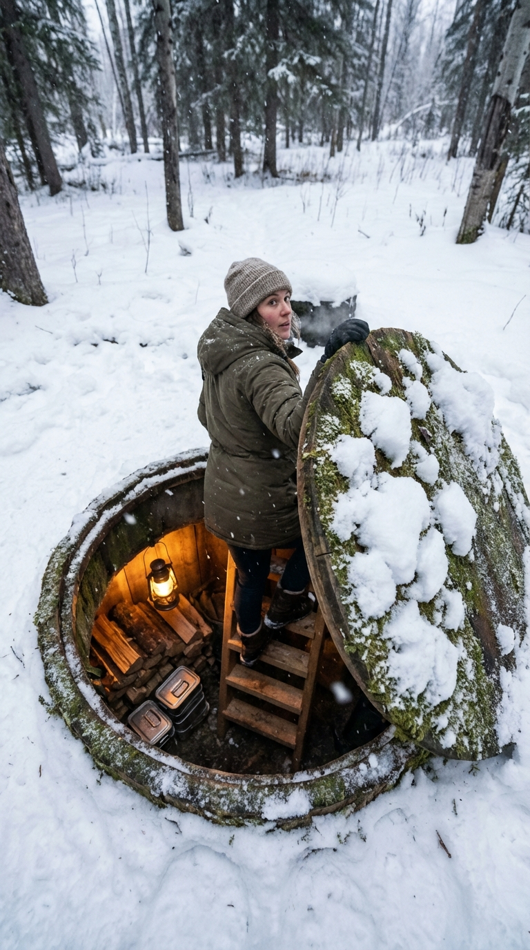 Hidden Underground Shelter Beneath a Wooden Forest Hatch in Alaska
