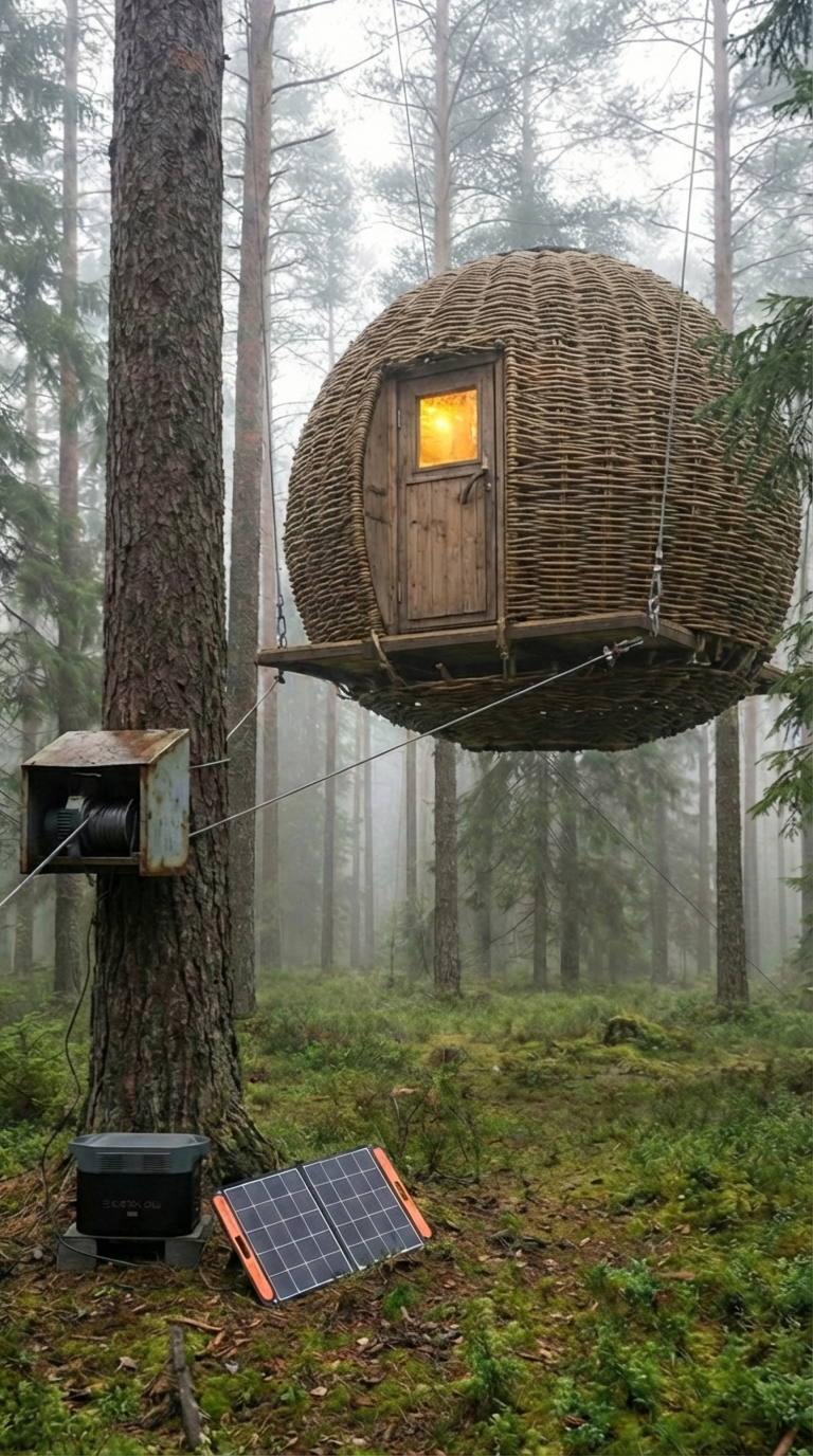 Suspended Woven Forest Pod Cabin with Lifting Mechanism