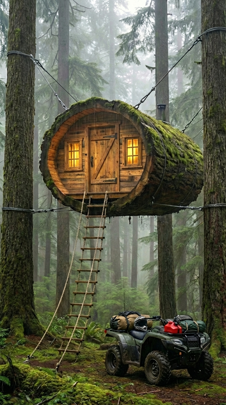 The Suspended Log Cabin in the Forest — A Hidden Off-Grid Retreat Above the Ground