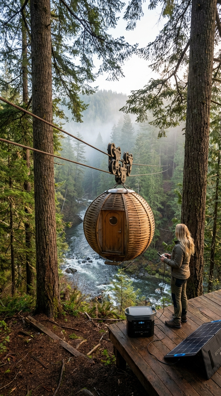 Suspended Cable Cabin: A Floating Forest Retreat Above the River
