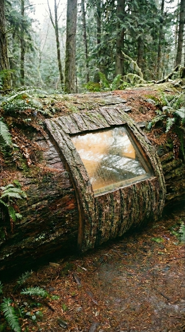 Hidden Log Cabin Built Inside a Fallen Tree — A Secret Forest Shelter Designed to Blend With Nature