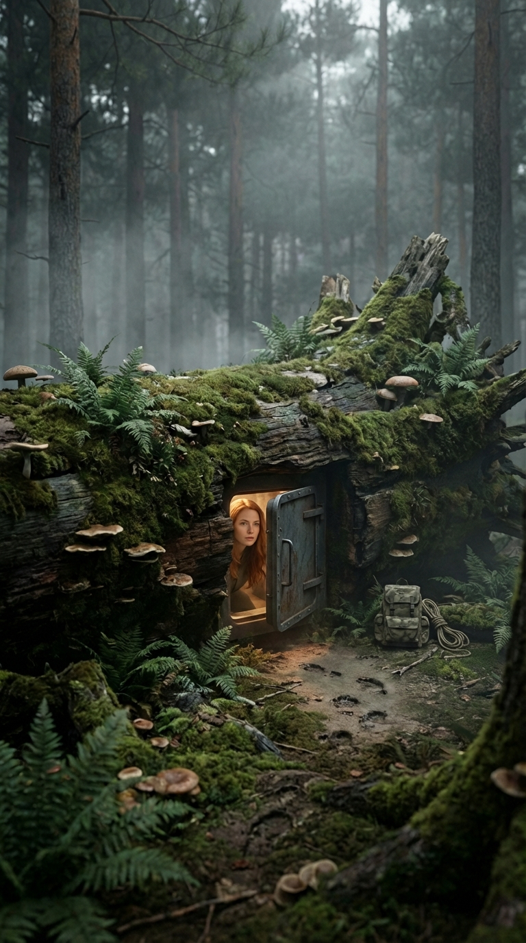 Hidden Tree-Trunk Bunker — A Camouflaged Two-Room Survival Shelter Beneath the Forest
