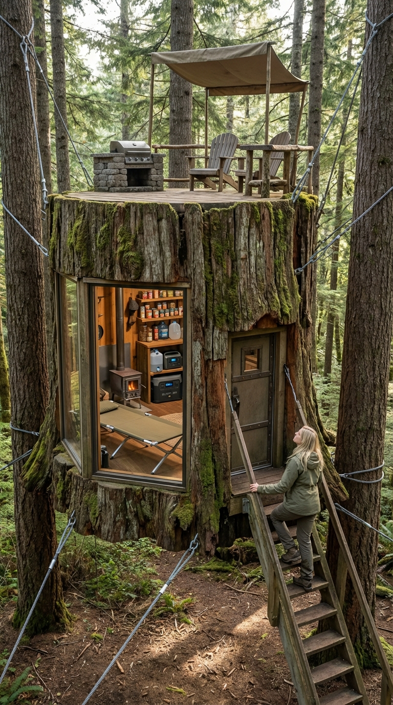 Hidden Tree Stump Cabin — A Compact Forest Survival Home Above the Ground