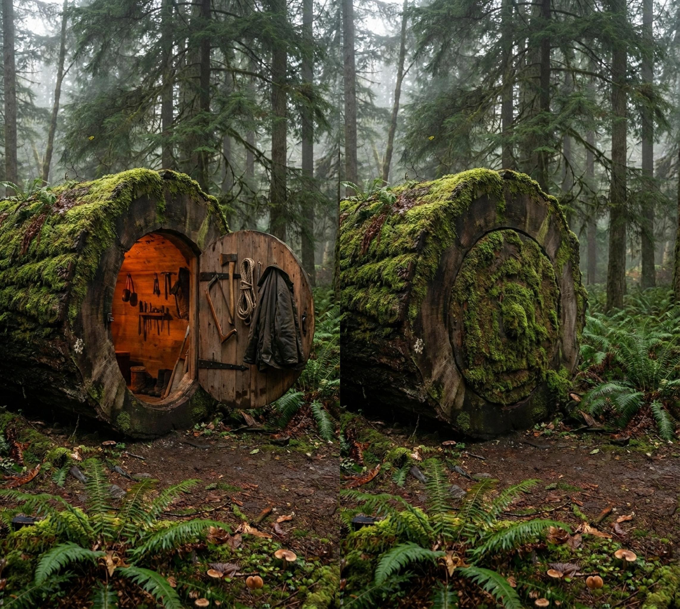 Hidden Log Shelter in the Forest — A Natural Camouflaged Survival Retreat