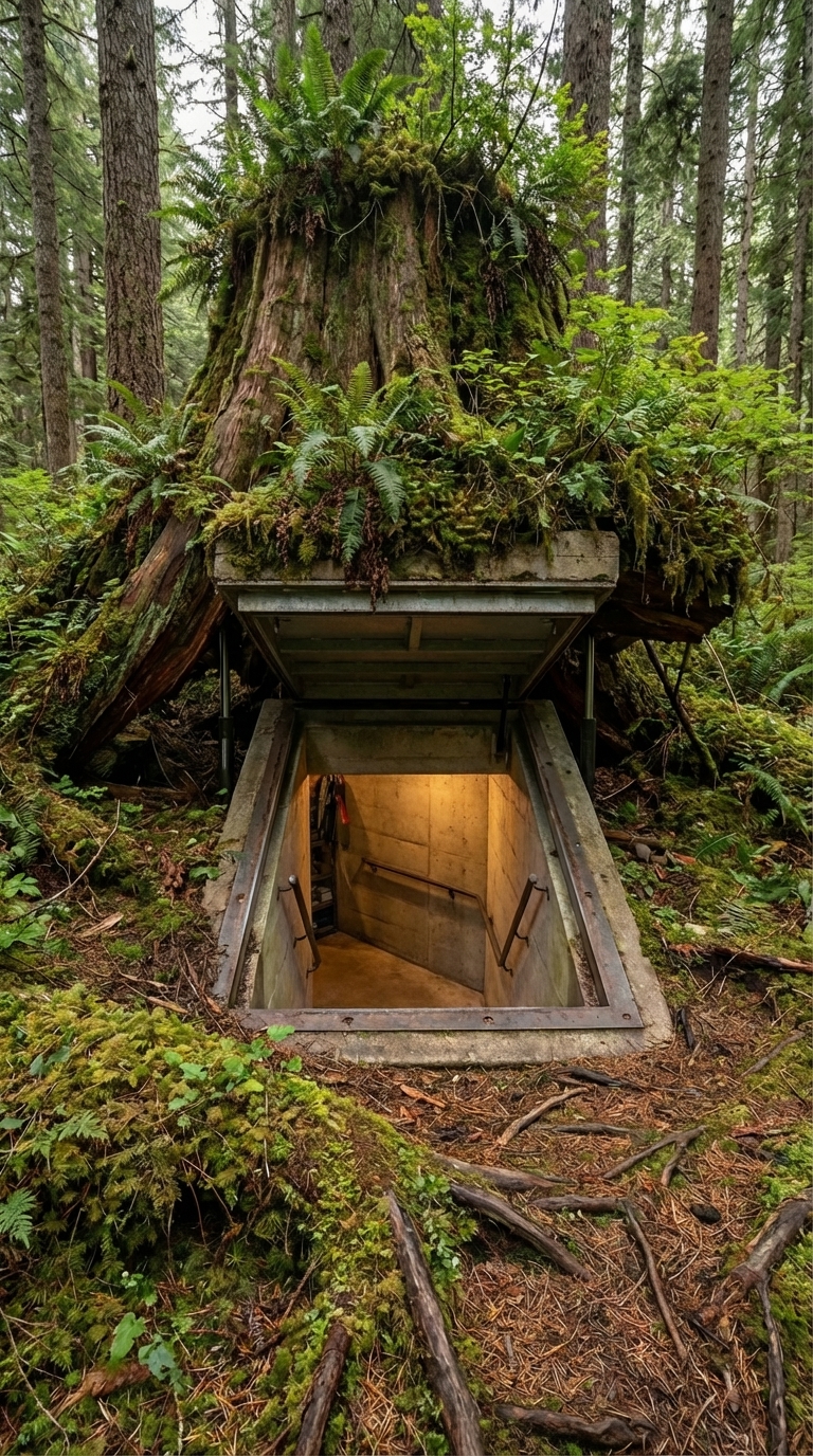 Hidden Forest Bunker Concealed Beneath an Old Tree Stump
