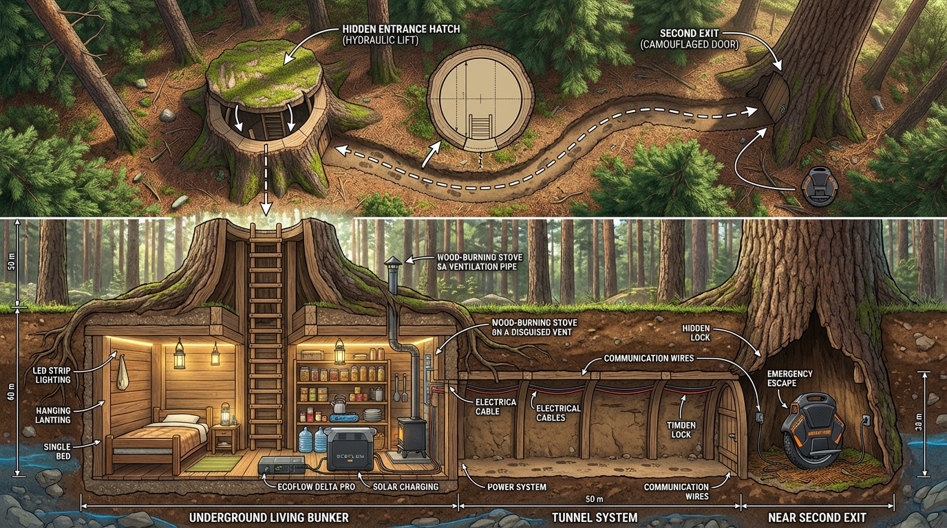 Hidden Forest Bunker Under a Tree Stump: A Secret Survival Shelter with Dual Escape Routes