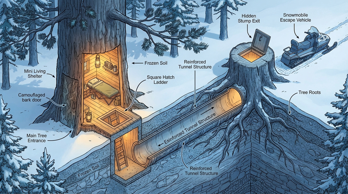 Hidden Tree Trunk Survival Shelter in the Winter Forest