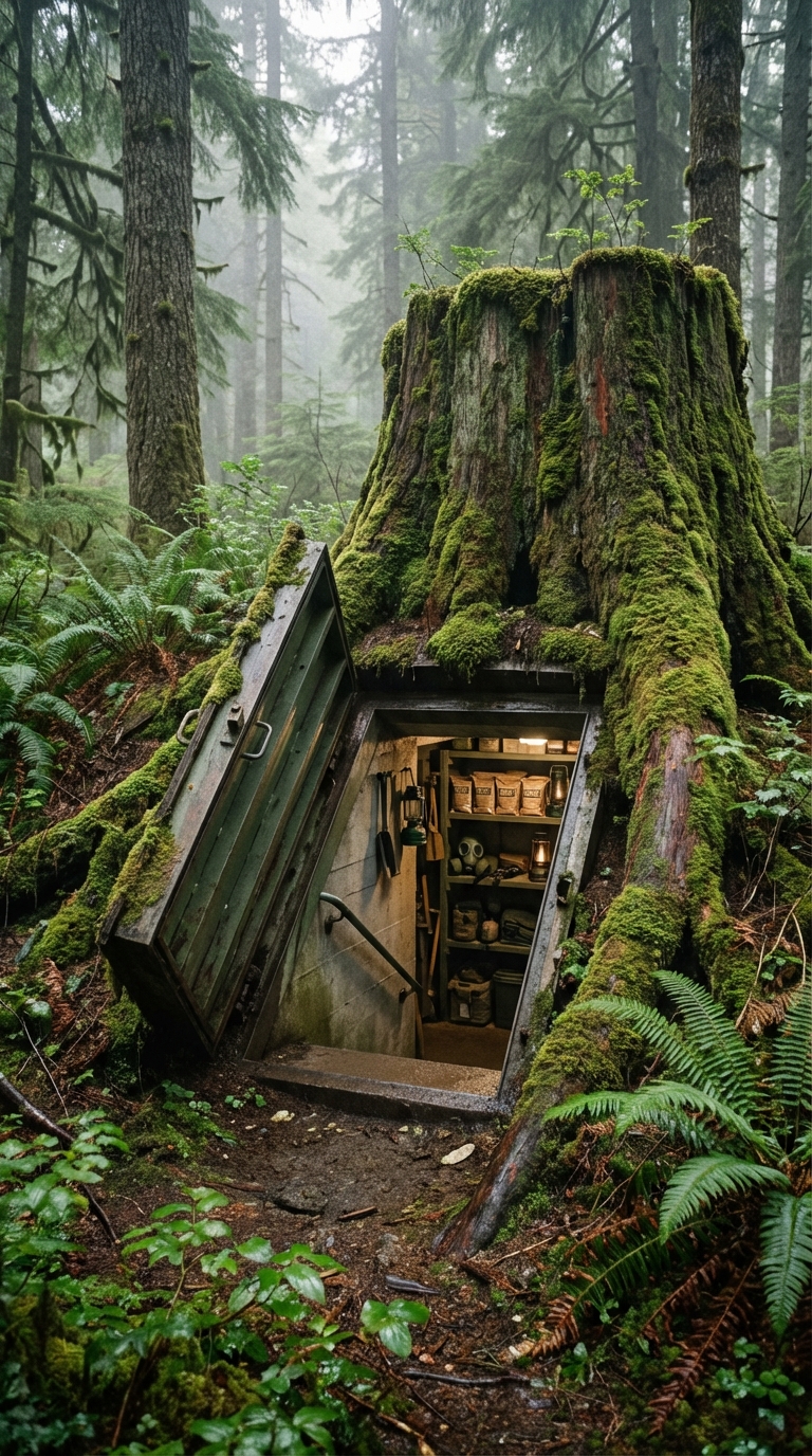 Camouflaged Bunker Entrance Hidden Inside a Tree Stump