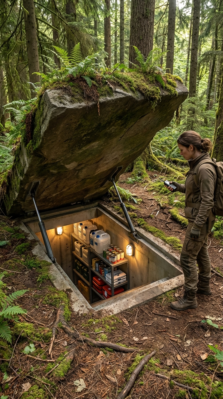 Hidden Bunker Entrance Concealed Beneath a Forest Boulder