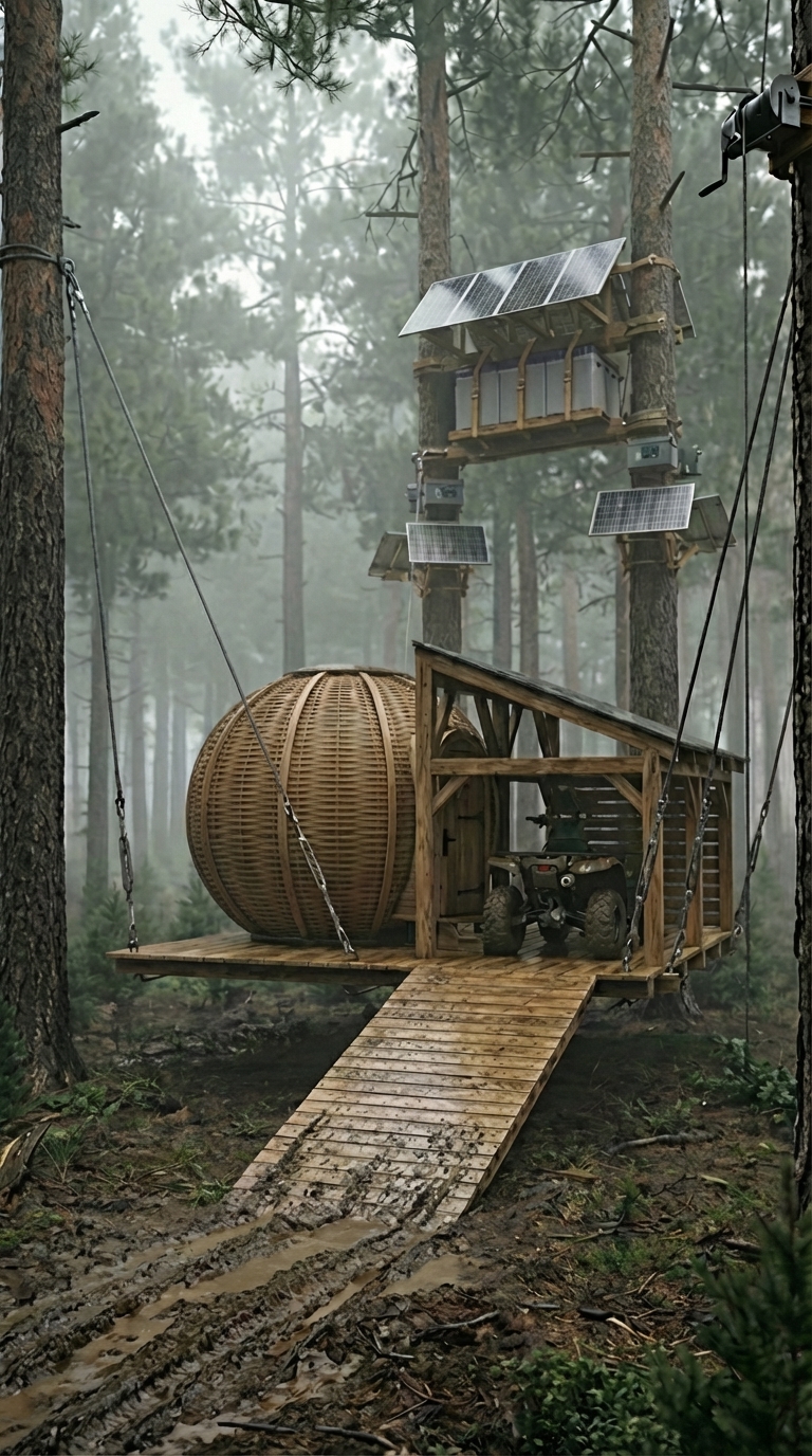 Elevated Forest Shelter: Suspended Cabin with Lift System and ATV Garage