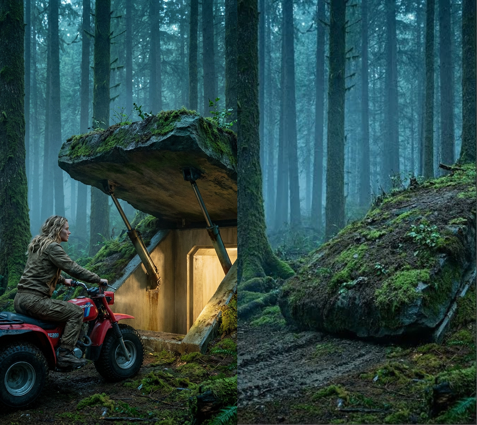 Elevated Forest Shelter: Suspended Cabin with Lift System and ATV Garage