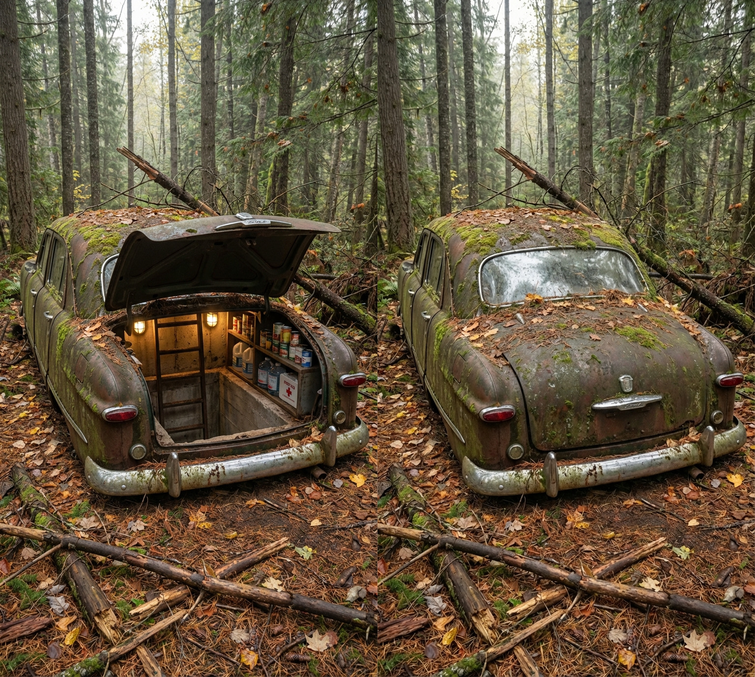 Hidden Bunker Entrance Disguised Inside an Abandoned Forest Car