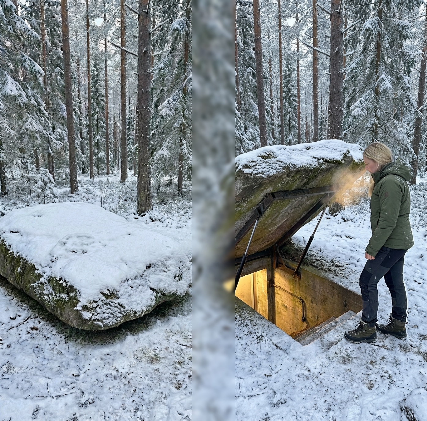 Hidden Bunker Entrance Disguised as a Stone in the Winter Forest