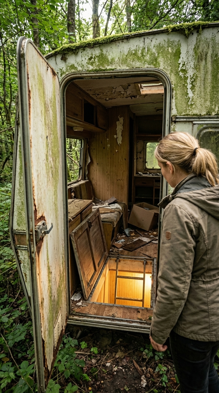 Hidden Bunker Entrance Inside an Abandoned Forest Trailer